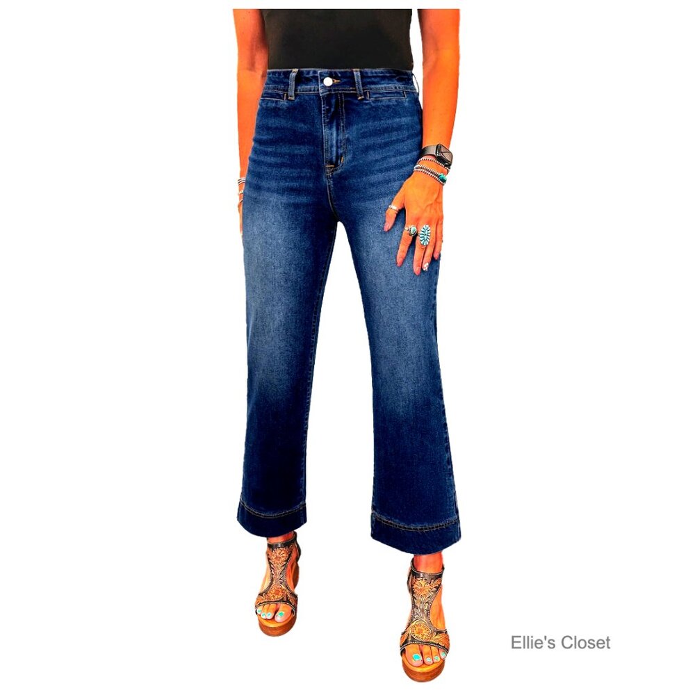 Stretch Denim Wide Leg Jeans High Waisted Straight Ankle Pants